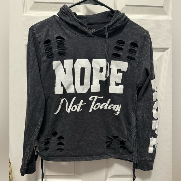 ON FIRE black w/ cut outs L/S "Nope Not Today" TOP SWEATSHIRT‎ hooded sz L - Picture 1 of 5